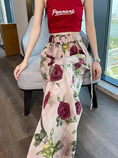 Pantalones anchos de cintura alta con estampado rosa para mujer 