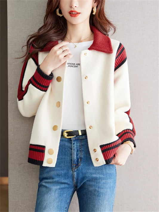 White Contrast-Collar Button-Up Wool Blend Bomber Jacket for Women
