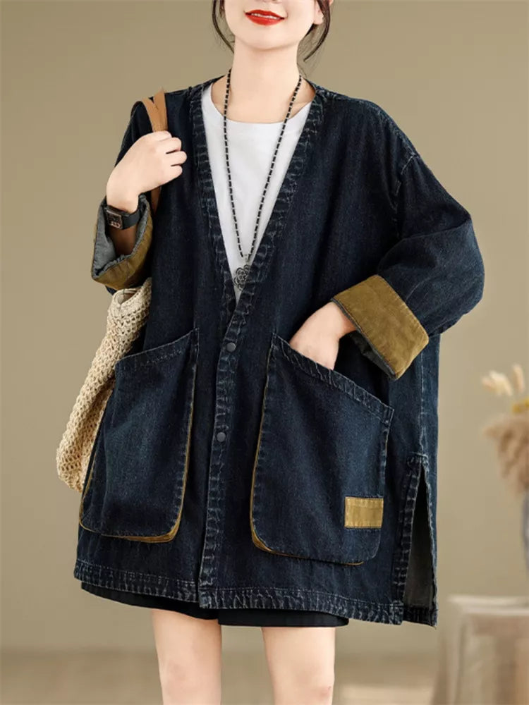 Abrigo vaquero vintage con cuello en V y bolsillos grandes para mujer