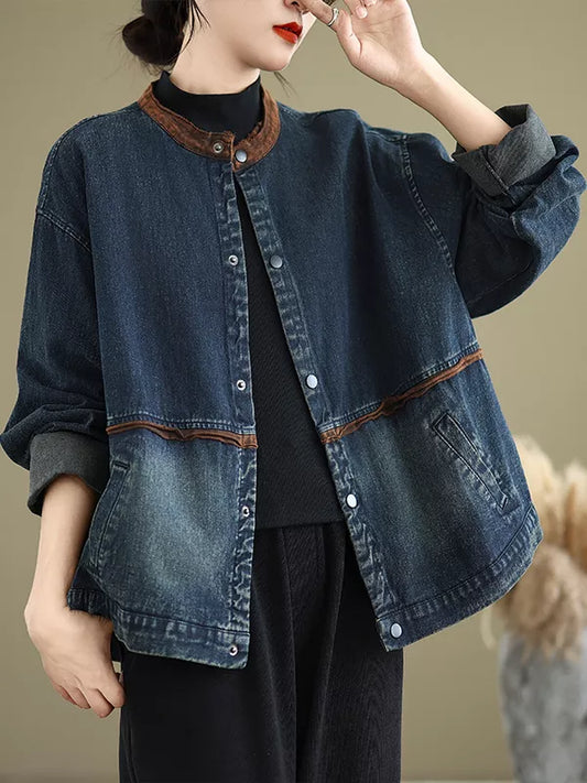 Vintage Blue Plus-Size Button-Up Denim Jacket with Stand Collar for Women
