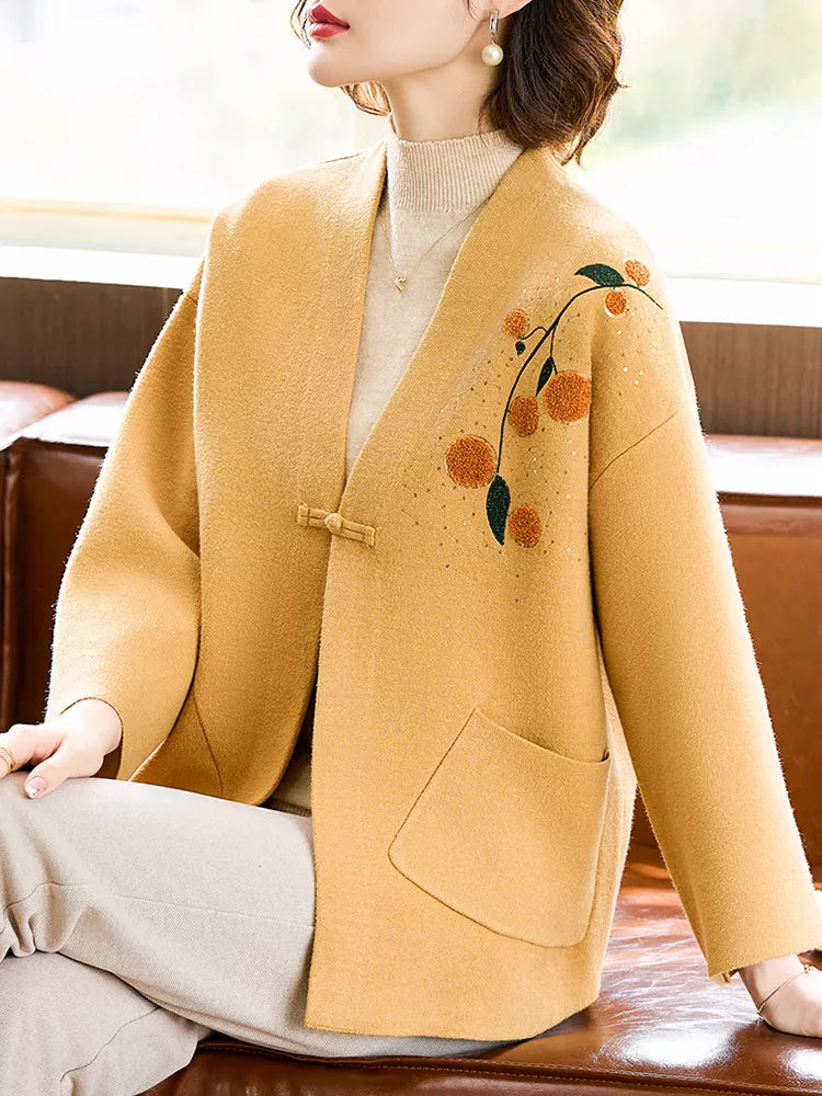 Cárdigan de punto con estampado amarillo de moda para mujer con botones tradicionales de rana