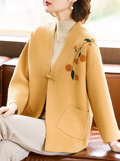 Cárdigan de punto con estampado amarillo de moda para mujer con botones tradicionales de rana