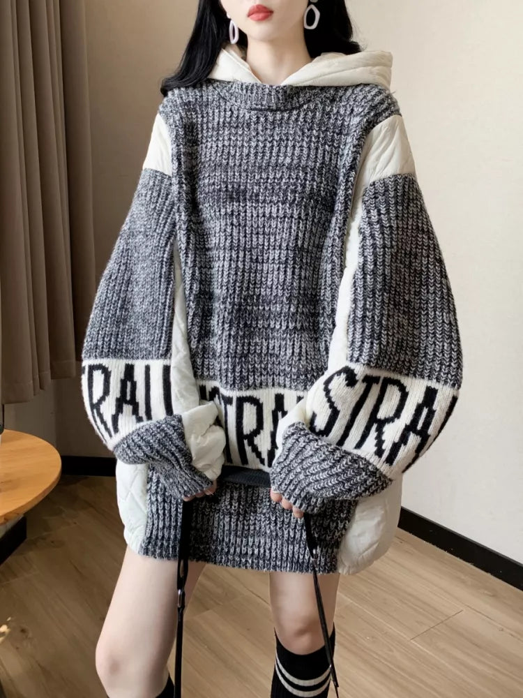 Oversized Color-block Hooded Sweater - Graphic Sleeve Streetwear Pullover