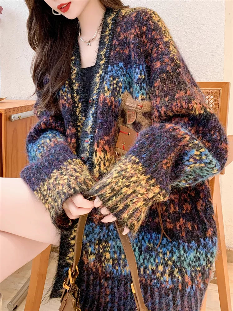 Women's Vintage Abstract Print Oversized Mohair Cardigan