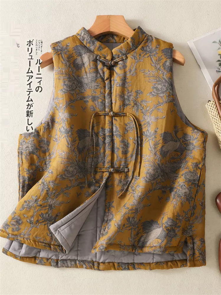 Oriental Style Floral Quilted Vest - Mandarin Collar Zen Cotton Gilet