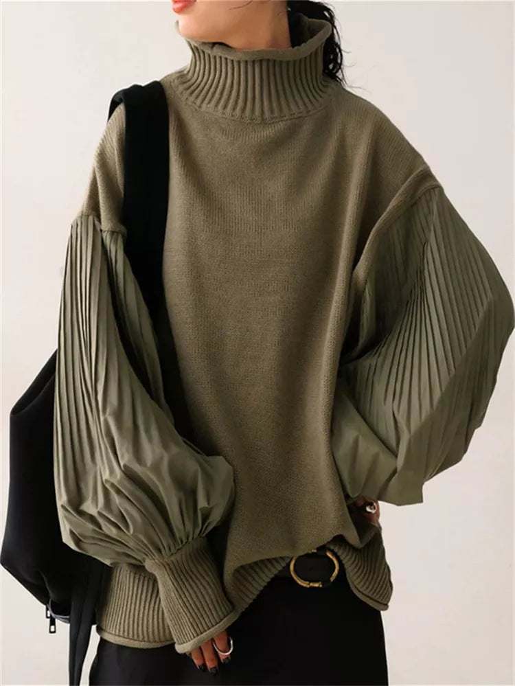 Damenpullover mit hohem Kragen, Falten und Laternenärmeln – Strickpullover aus Materialmix