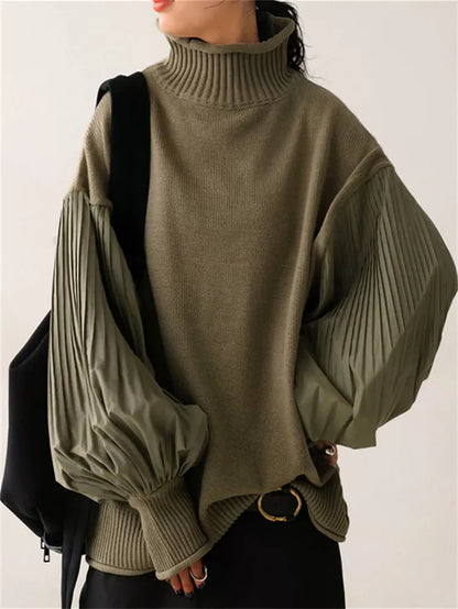 Suéter de cuello alto plisado con mangas farol para mujer - Jersey de punto de técnica mixta