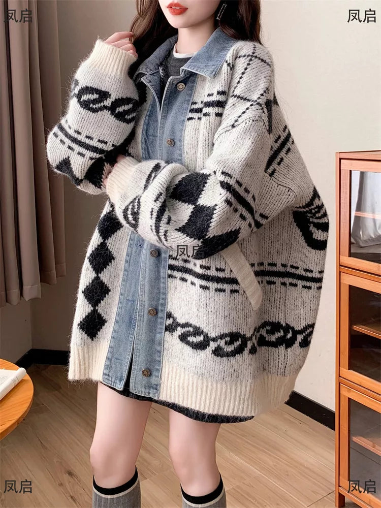 Women's Loose Plus Size Denim Patchwork Cardigan - Oversized Geometric Knit Jacket