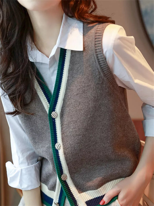 Chaleco de punto con cuello en V y botones para mujer - Cárdigan sin mangas con ribete de rayas estilo preppy