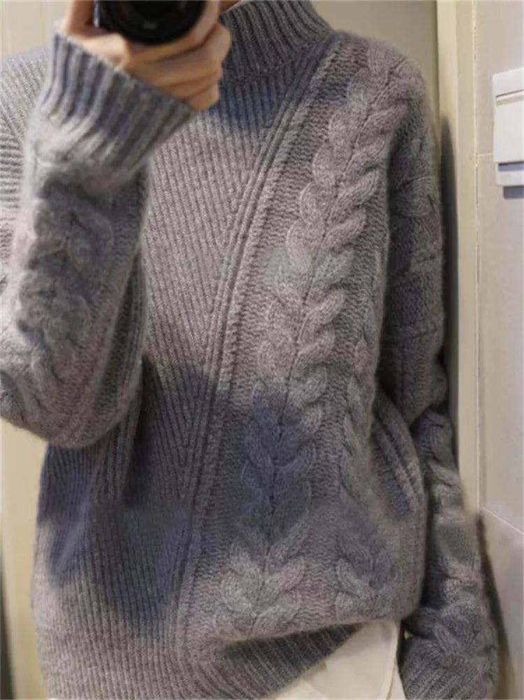 Dicker Damen-Zopfstrickpullover mit Stehkragen – Grobstrickpullover für den Winter