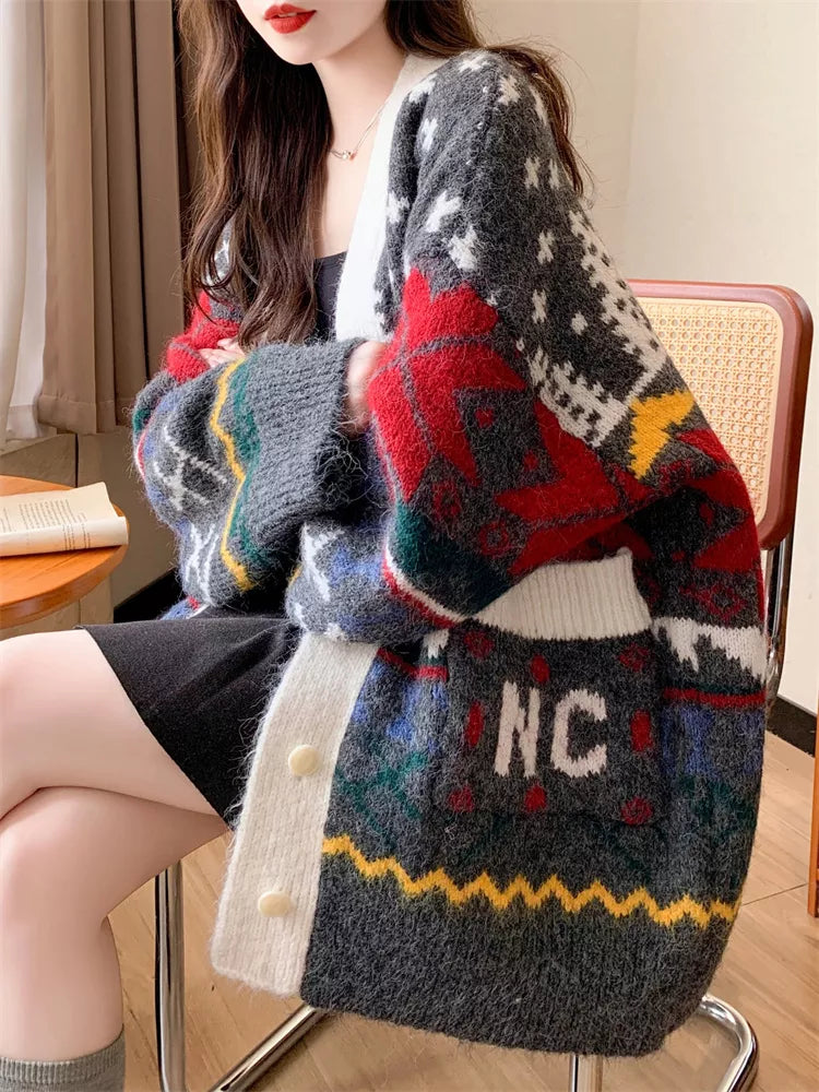 Damen-Strickjacke in Übergröße, mittellang, geometrisches Muster – Oversize-Strickmantel im Mohair-Stil