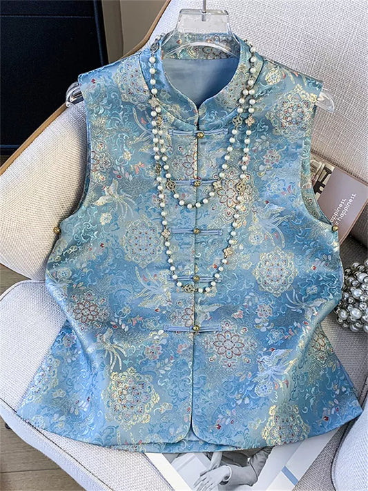 Orientalische Jacquard-Weste für Damen - Blaue Weste mit Blumenbrokat und Stehkragen