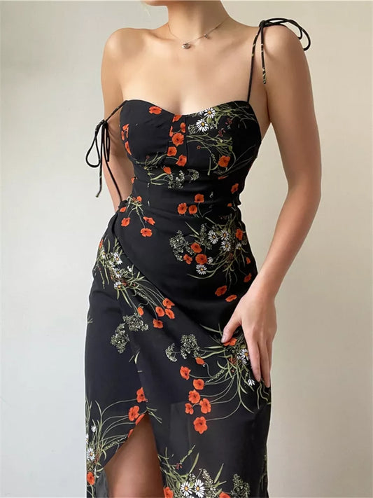 French Retro Floral Spaghetti-Strap Midi Dress for Women