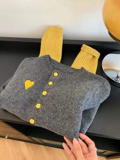 Women's Soft Contrast Color Block Knitted Cardigan with Heart Accent