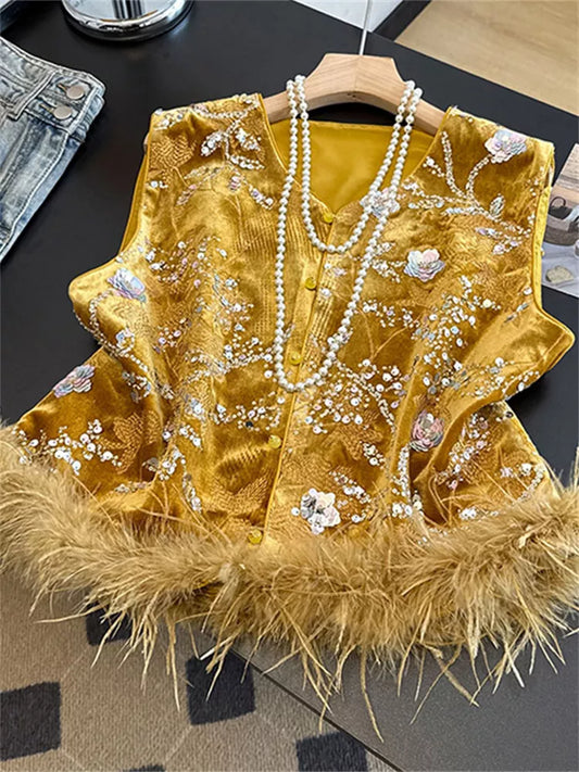 New Chinese Style Gold Velvet Sequin Embroidered Vest with Faux Feather Trim