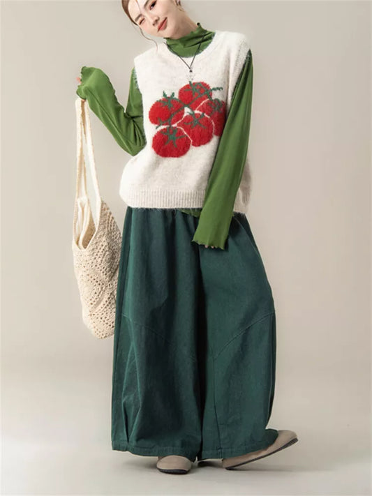 Women's Cute Tomato Jacquard Soft Knitted Sweater Vest Korean Preppy Style
