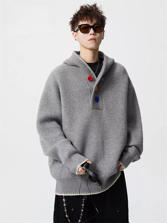 Men's American Retro Heavyweight Hooded Knit Sweater with Colorful Buttons