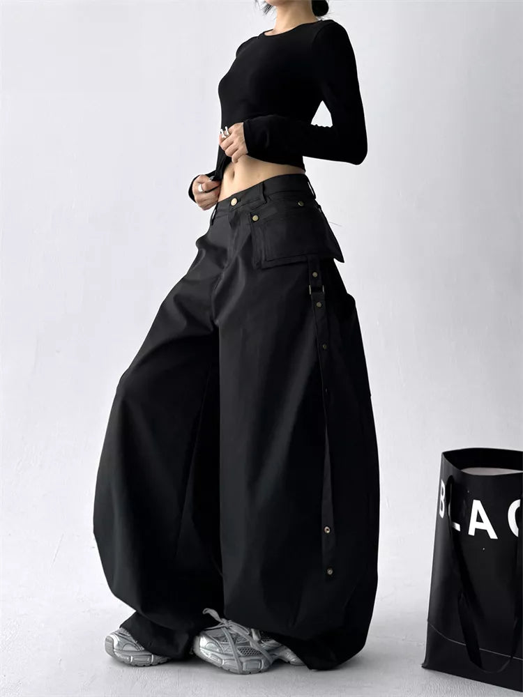 Black Classic High-Waist Wide-Leg Cargo Pants for Women