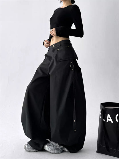 Black Classic High-Waist Wide-Leg Cargo Pants for Women