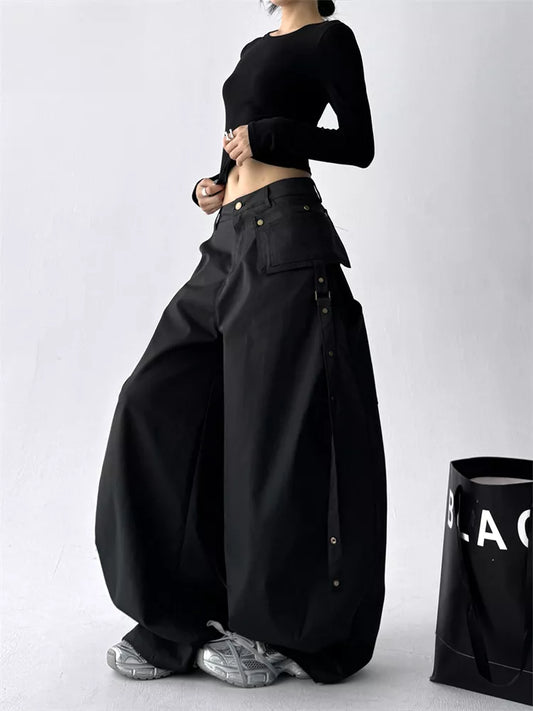 Black Classic High-Waist Wide-Leg Cargo Pants for Women