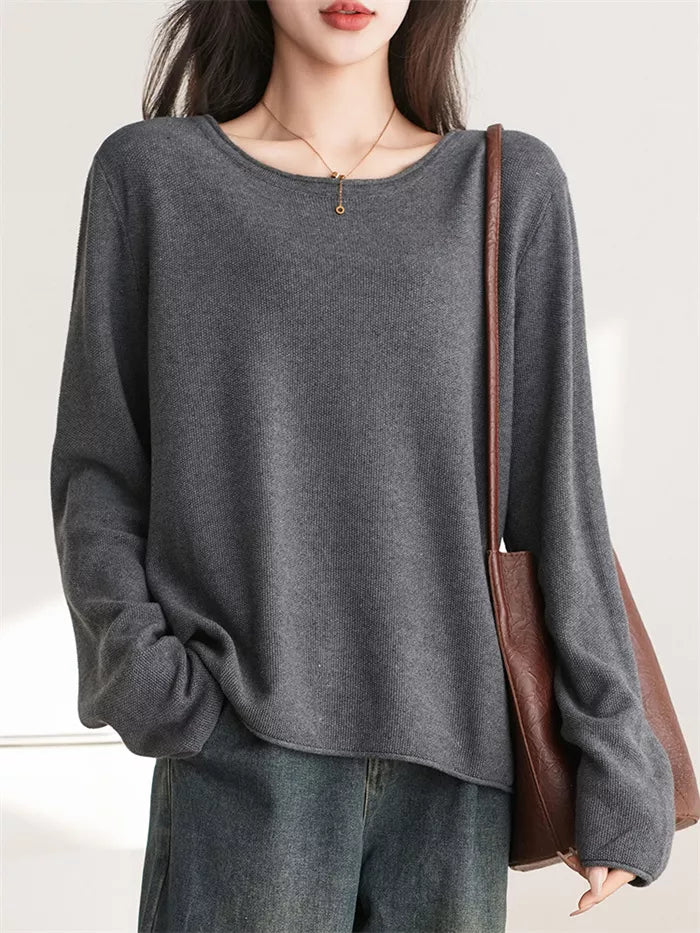 Women's Gray Cotton Crew Neck Long Sleeve Casual Top