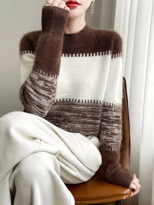 Women's Brown Color Block Striped Soft Knitted Sweater Crew Neck Pullover