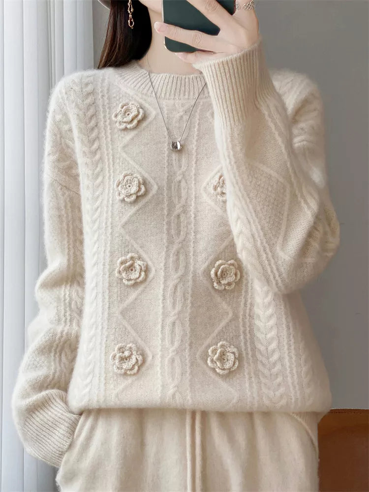 Handcrafted Beige Embroidered Pure Wool Sweater for Women