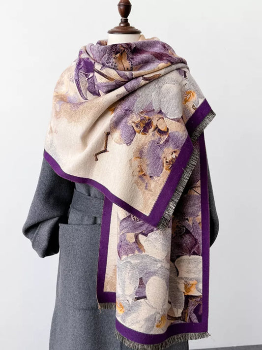 Women's Vintage Purple Floral Jacquard Elegant Double-Sided Cashmere-Feel Shawl Wrap