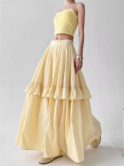 Women's Butter Yellow High-Waisted Tiered Ruffle Maxi Skirt Boho A-Line Long Cake Skirt
