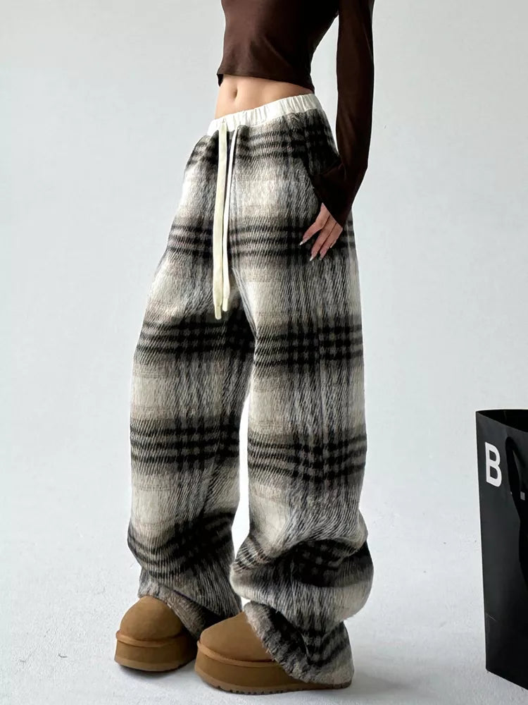 Women's Coffee High-Waisted Plaid Drawstring Woolen Wide Leg Pants