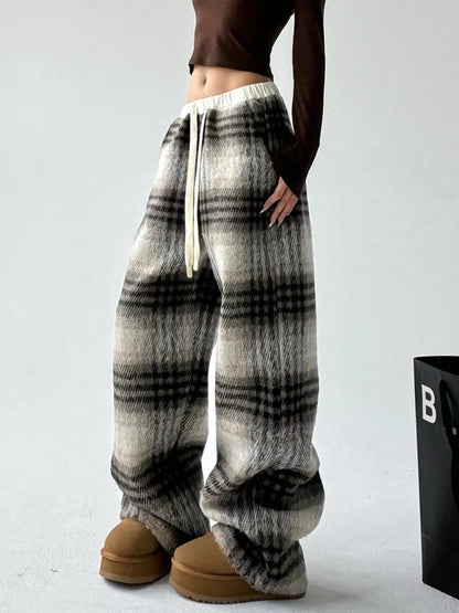 Women's Coffee High-Waisted Plaid Drawstring Woolen Wide Leg Pants