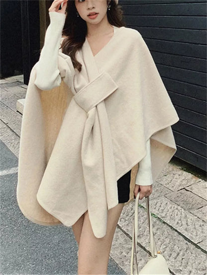 Women's Elegant Charcoal Grey Knotted Front Poncho Cape