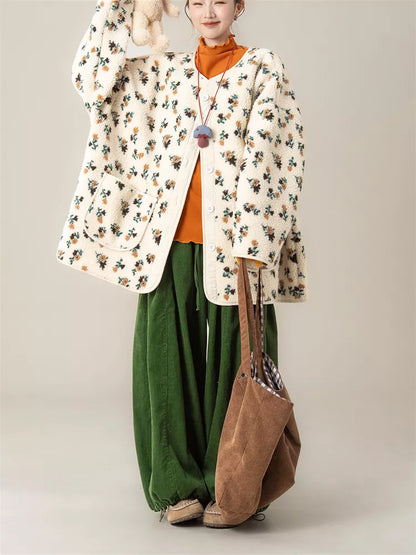 Women's Vintage Apricot Floral Faux Sherpa Button Down Cardigan Coat