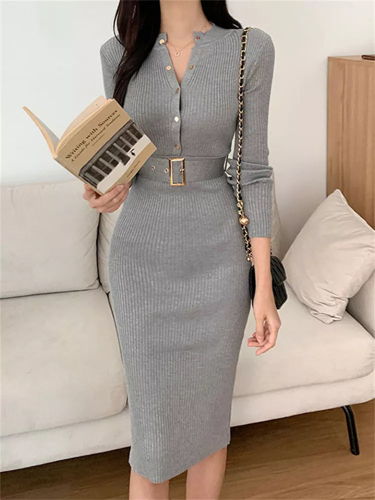 Women's Grey Ribbed Bodycon Long Sleeve Button Down Sweater Dress with Belt