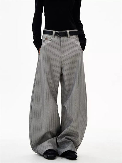 Women's American Retro Grey Pinstripe Curved Leg Loose Suit Pants