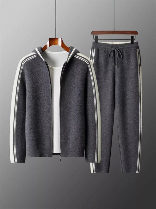 Men's Premium Pure Wool Knitted Tracksuit Set 2-Piece Striped Zip-Up Hoodie & Joggers