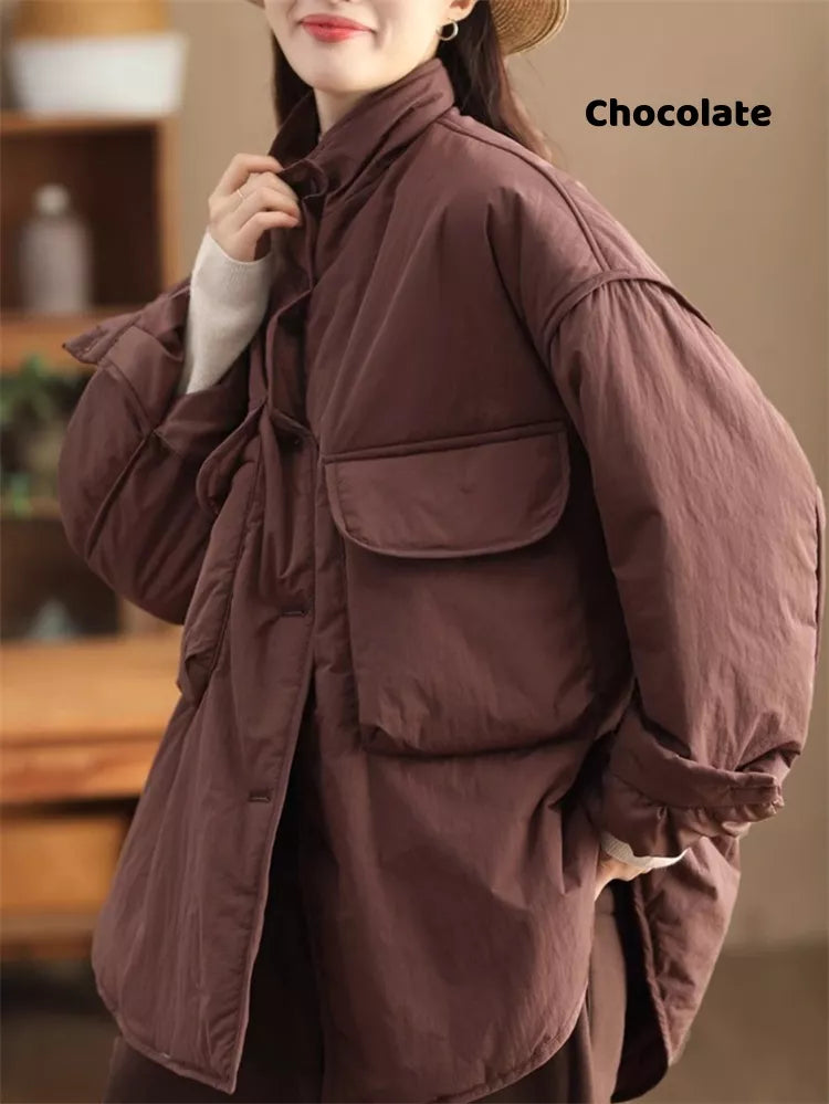 Women's Oversized Cargo Padded Jacket Stand Collar Windproof with Large Pockets