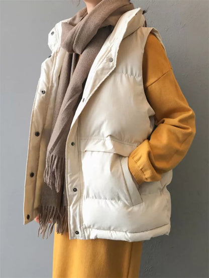 Women's Cream Beige Puffer Vest with Drawstring Waist Stand Collar