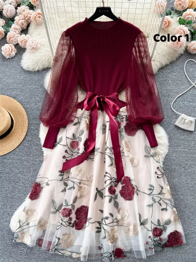 Elegant French Style Knitted Spliced Floral Mesh Dress