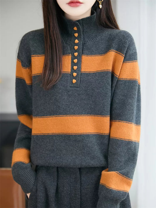 Women's Vintage Grey & Orange Striped Mock Neck Half-Button Sweater