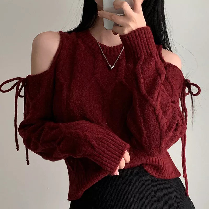 Women's Vintage Burgundy Cold Shoulder Cable Knit Sweater Ribbon Lace-Up Sleeve