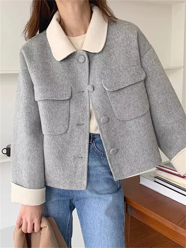 Women's Vintage Grey Woolen Short Jacket with Contrast Cream Collar