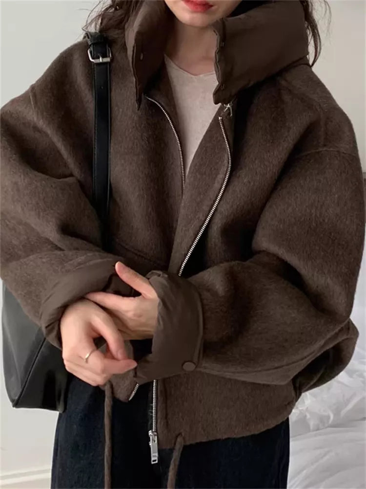 Women's Coffee Brown Woolen Zip-Up Short Jacket with Detachable Hooded Insert