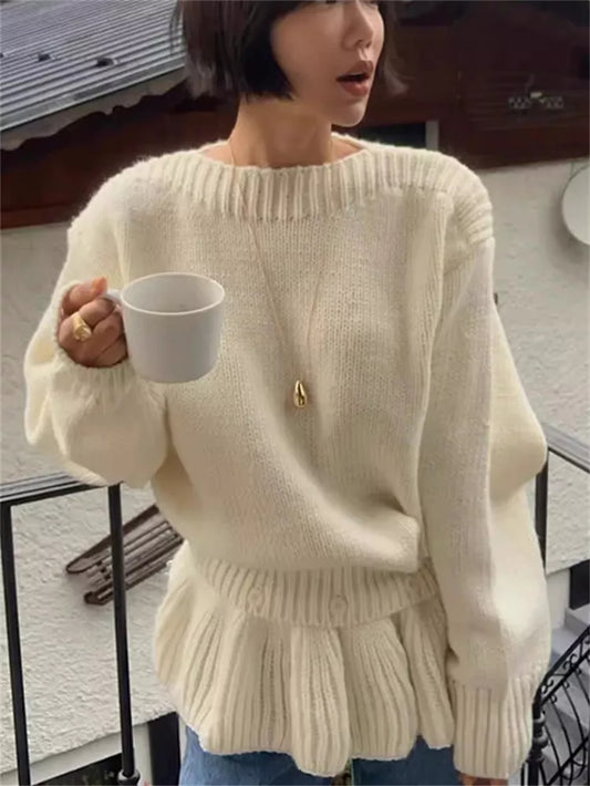 Women's Soft Cream Knit Ruffled Peplum Sweater