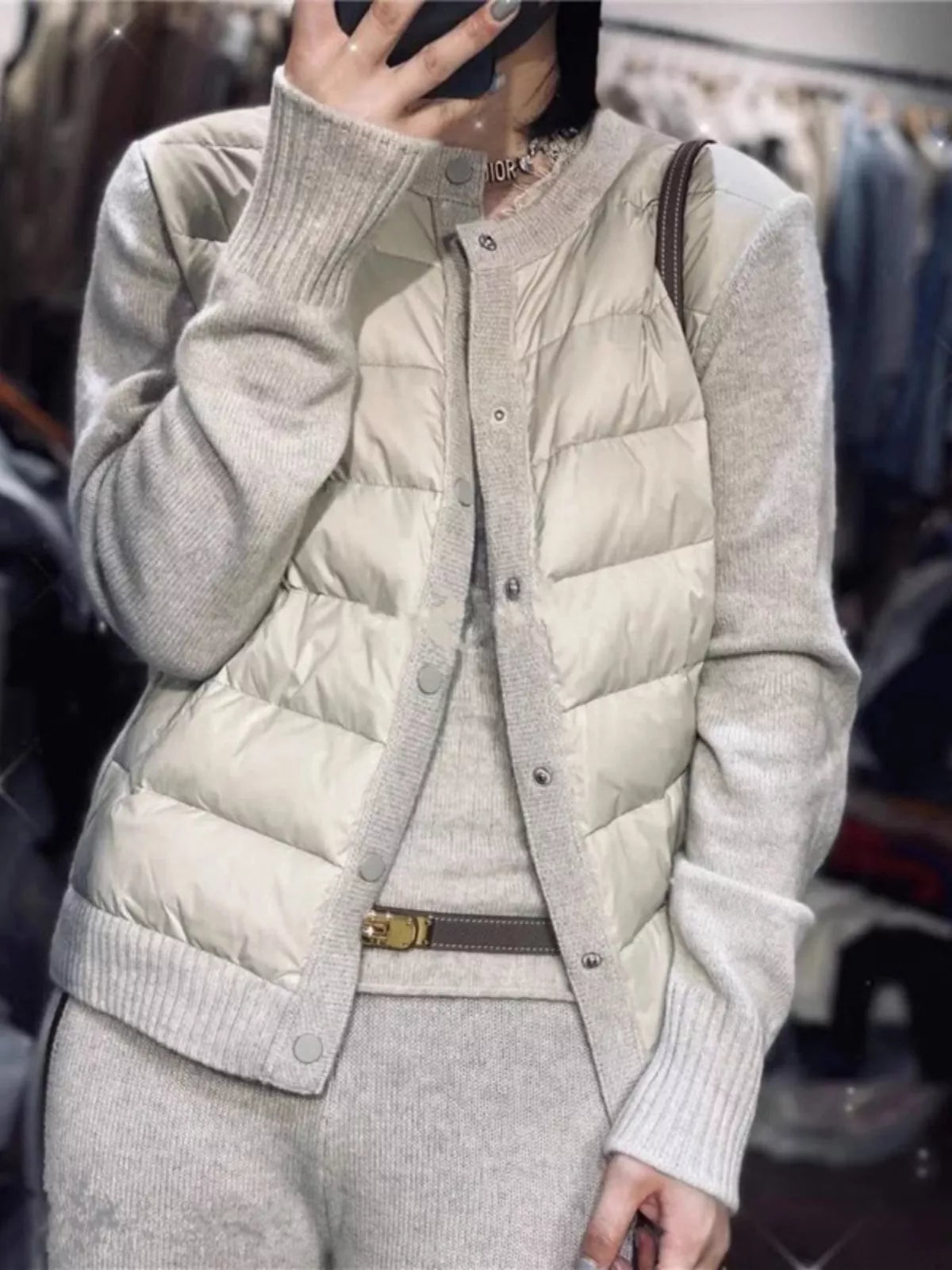 Women's French Chic Beige Knit Spliced Puffer Jacket