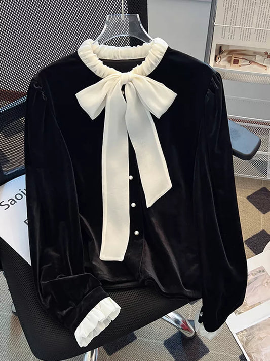Women's French Vintage Black Velvet Blouse with Large White Bow Tie Elegant Ruffled Collar