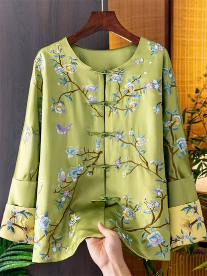 Women's Vintage Green Chinese Style Floral Embroidered Satin Blouse Traditional Zen Frog Button Jacket