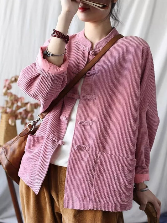 Women's Vintage Pink Corduroy Frog Button Loose Zen Blouse