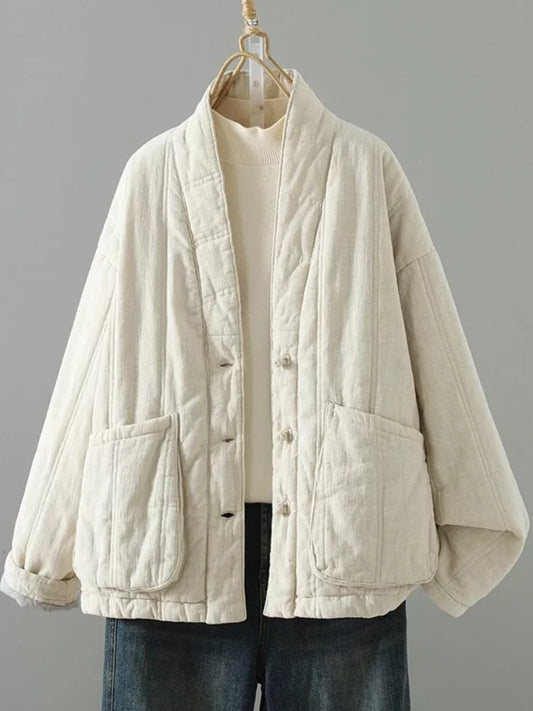 Women's Zen Style Cotton Linen Padded V-Neck Frog Button Quilted Winter Coat