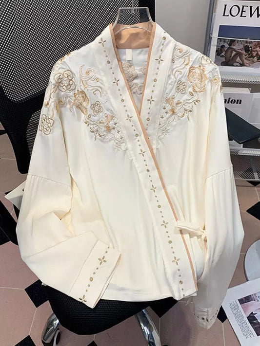 Women's Elegant White Embroidered New Chinese Style Gold Floral V-Neck Blouse